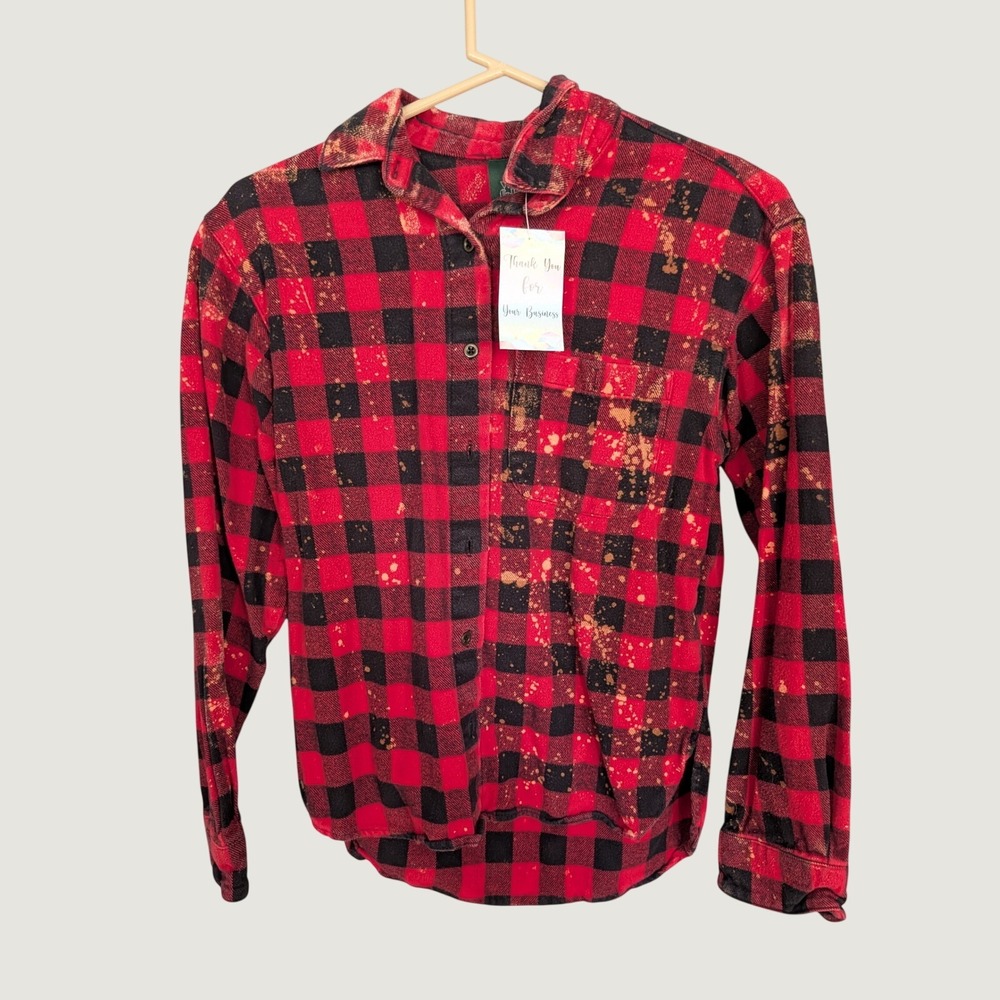 Wild Fable Red Black Buffalo Plaid Bleached Flannel Shirt XS Long Sleeve Button